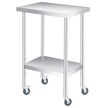 Table de travail Garvee 14" x 24" en acier inoxydable, 2 niveaux avec étagère réglable, roulettes, pour cuisine, restaurant, usage extérieur, robuste