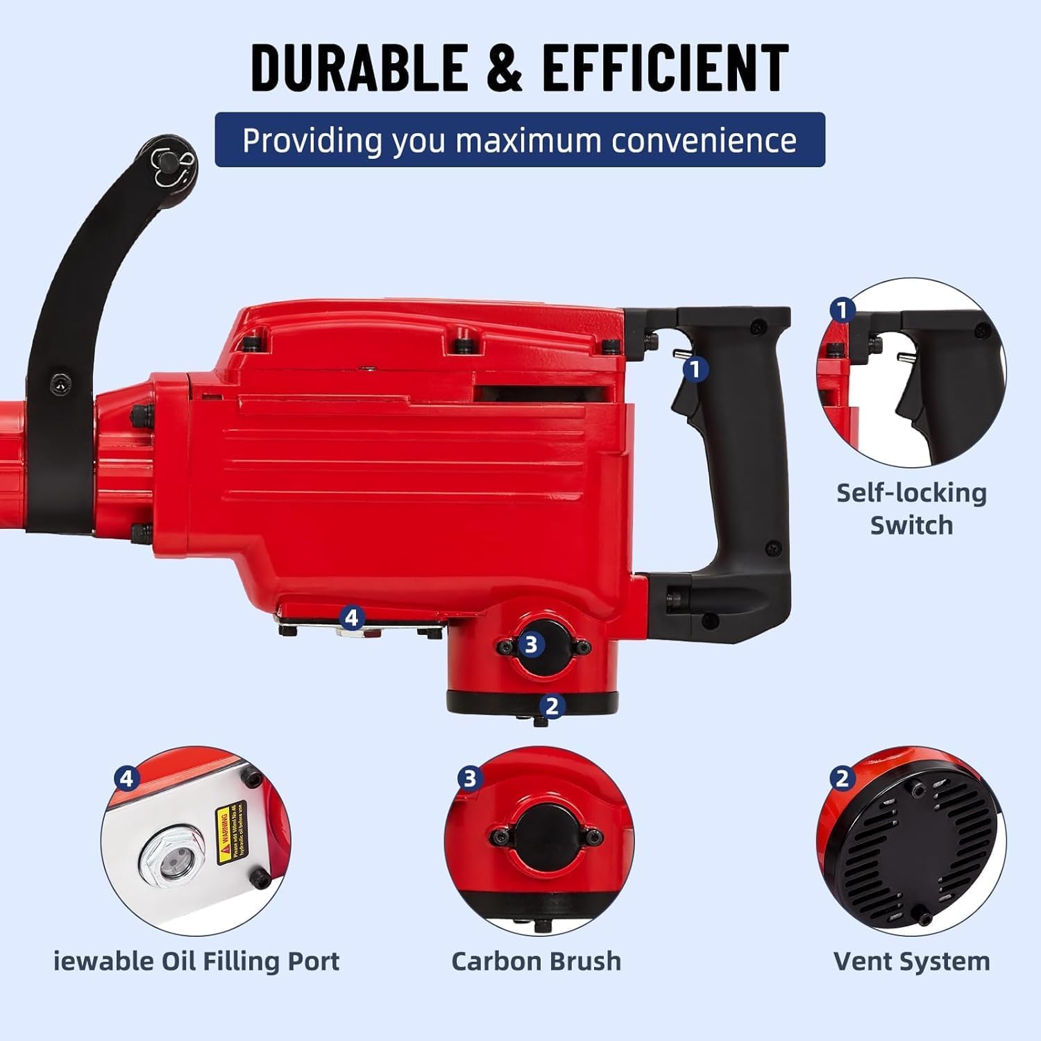 Marteau de démolition Garvee 2200W – Coffret de 6 marteaux burineurs 65A avec burins pour béton et maçonnerie