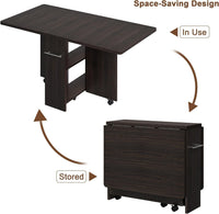 Garvee Table de salle à manger pliante avec étagères et roulettes, pour cuisine et petits espaces, 4 personnes, bois, 2 étagères, 6 roulettes avec freins