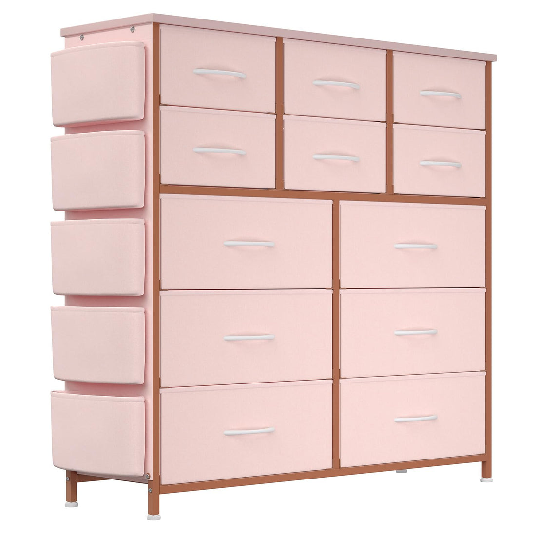 Commode Garvee à 12 tiroirs, en tissu, structure en métal, plateau en bois avec poches latérales et crochets, pour chambre à coucher, rose, robuste et polyvalente