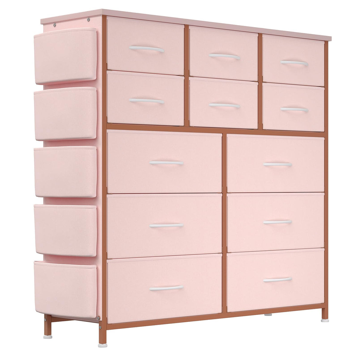 Garvee commode à 12 tiroirs, en tissu, structure en métal, plateau en bois avec poches latérales et crochets, pour la chambre, rose