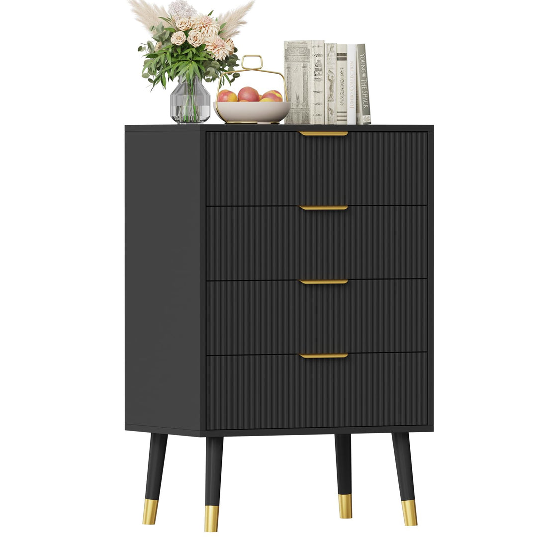 Commode moderne Garvee à 5 tiroirs avec pieds en métal et poignées dorées, idéale pour la chambre et le salon. Structure en MDF, imperméable et stable. Finition dorée élégante.
