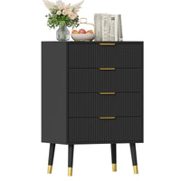 Commode moderne Garvee à 5 tiroirs avec pieds en métal et poignées dorées, idéale pour la chambre et le salon. Structure en MDF, imperméable et stable. Finition dorée élégante.