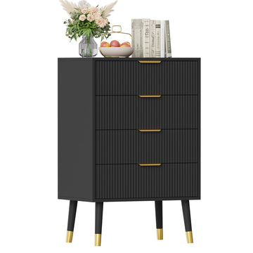 Commode moderne Garvee à 5 tiroirs avec pieds en métal et poignées dorées, idéale pour la chambre et le salon. Structure en MDF, imperméable et stable. Finition dorée élégante.