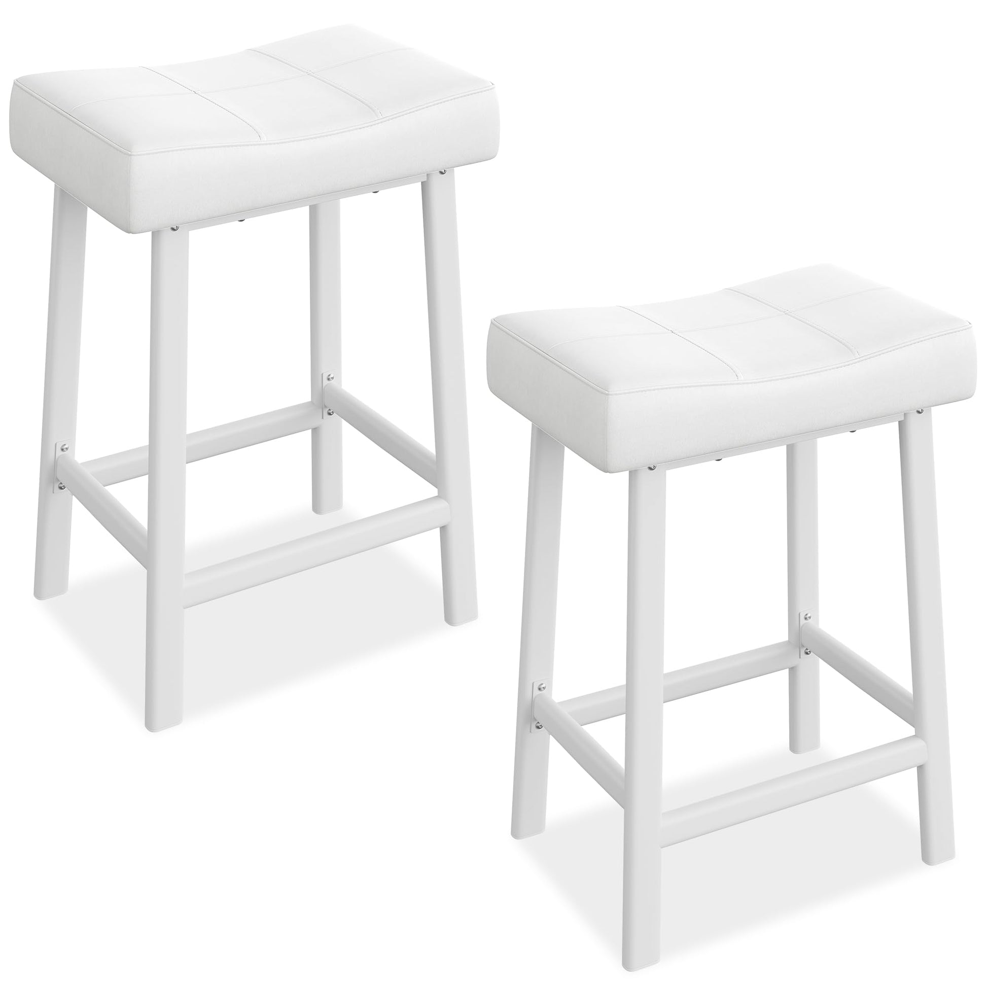 Garvee Lot de 2 tabourets de bar selle 61 cm, sans dossier, assise rembourrée incurvée, pieds métal et repose-pieds, pour îlot de cuisine ou bar, blanc