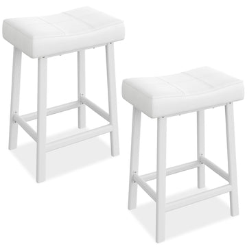 Garvee Lot de 2 tabourets de bar selle 61 cm, sans dossier, assise rembourrée incurvée, pieds métal et repose-pieds, pour îlot de cuisine ou bar, blanc