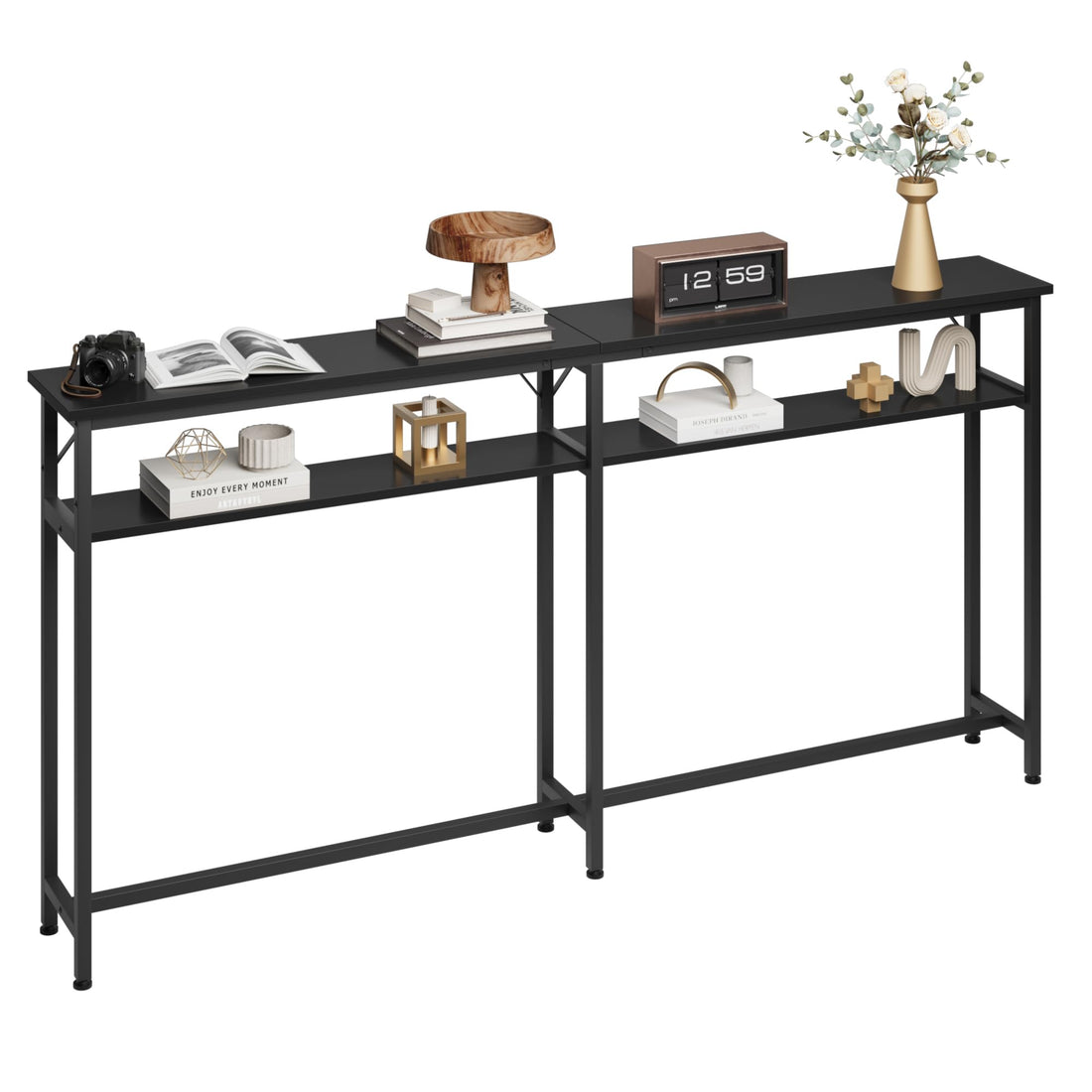 Console étroite GARVEE 180x23x100 cm, 2 étagères, espace de rangement, extra longue, bois, noire, pour entrée et salon
