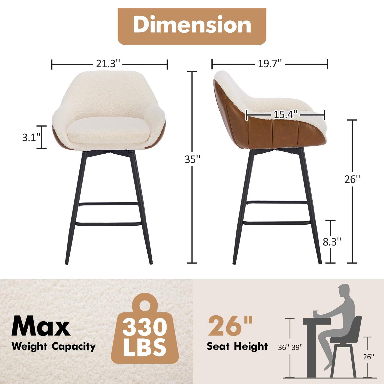 Tabourets de bar pivotants modernes Garvee, lot de 2, avec revêtement en tissu sherpa et pieds en métal pour îlot de cuisine, 66 cm, marron et blanc