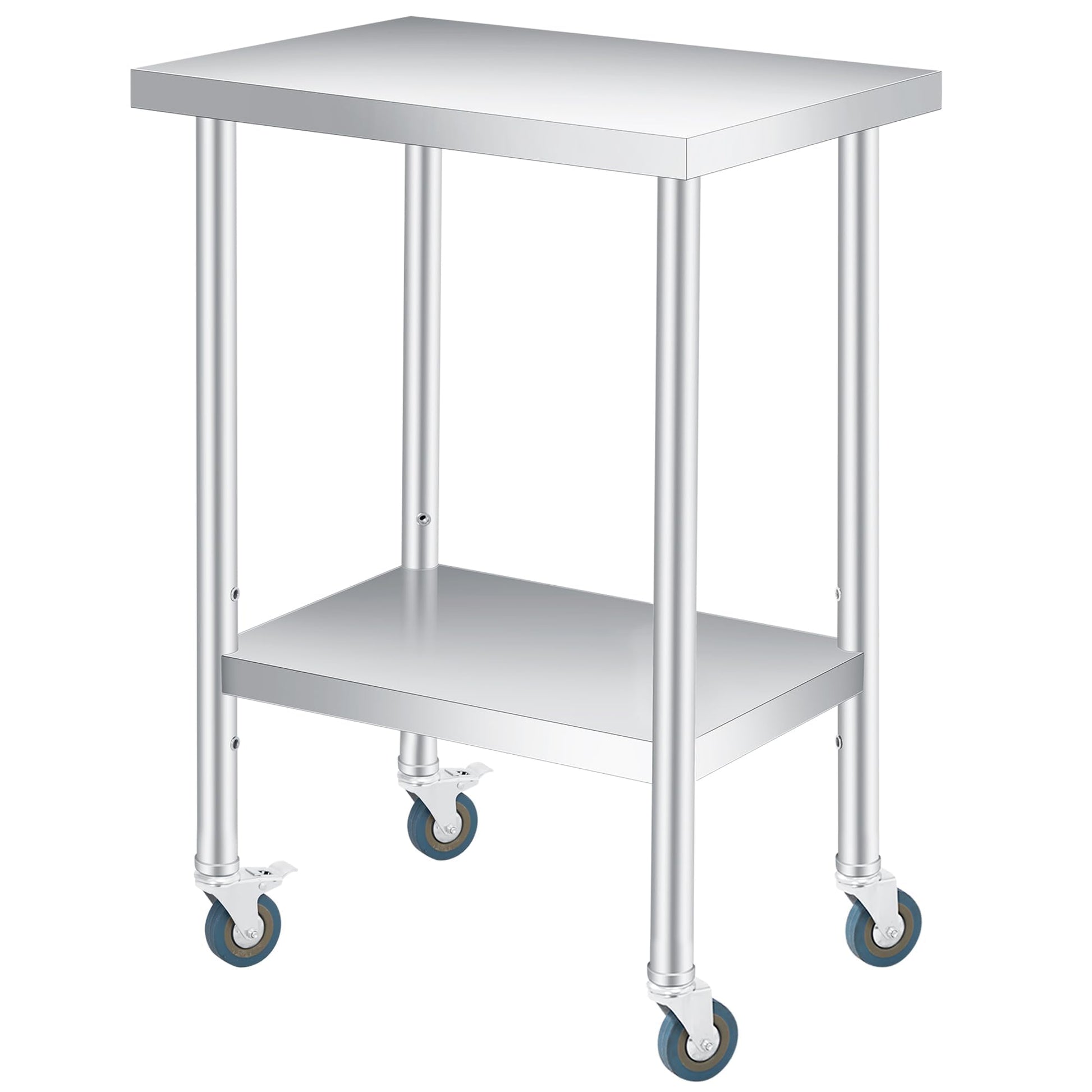 Table de travail Garvee en acier inoxydable 61 x 46 cm avec étagère inférieure réglable et 4 roulettes, idéale pour la restauration et les activités de plein air. Robuste et antirouille.