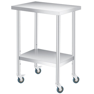 Table de travail Garvee en acier inoxydable 61 x 46 cm avec étagère inférieure réglable et 4 roulettes, idéale pour la restauration et les activités de plein air. Robuste et antirouille.