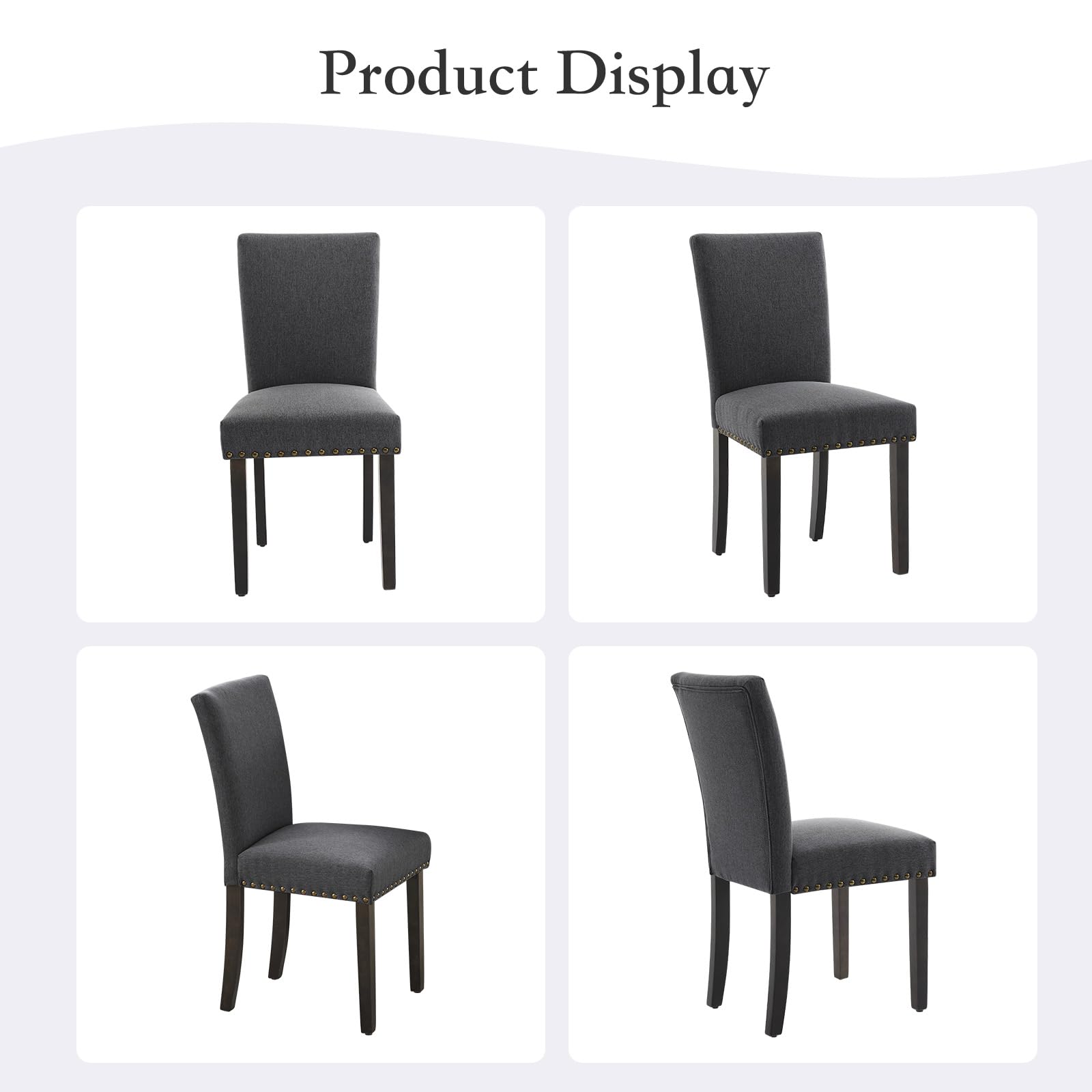 Ensemble de 2 chaises de salle à manger Garvee, revêtues de tissu et décorées de clous décoratifs. Ergonomiques et robustes, elles sont en bois d'hévéa gris foncé et conviennent aussi bien à la salle à manger qu'au salon.