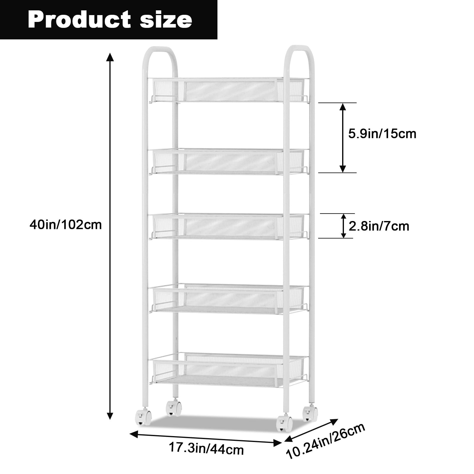Chariot utilitaire Garvee petit modèle à 5 niveaux avec poignée et freins pour la cuisine et la salle de bain, structure en métal, paniers respirants, étroit et compact.