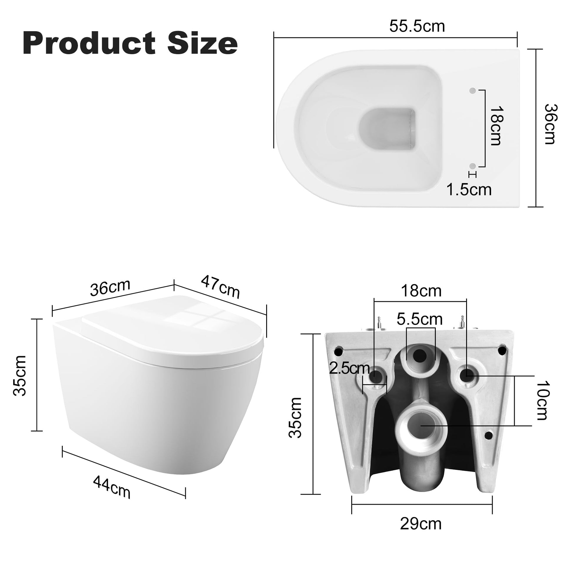 GARVEE WC Sospeso Senza Bordi WC suspendu en céramique forme D 55,5 cm blanc couvercle automatique