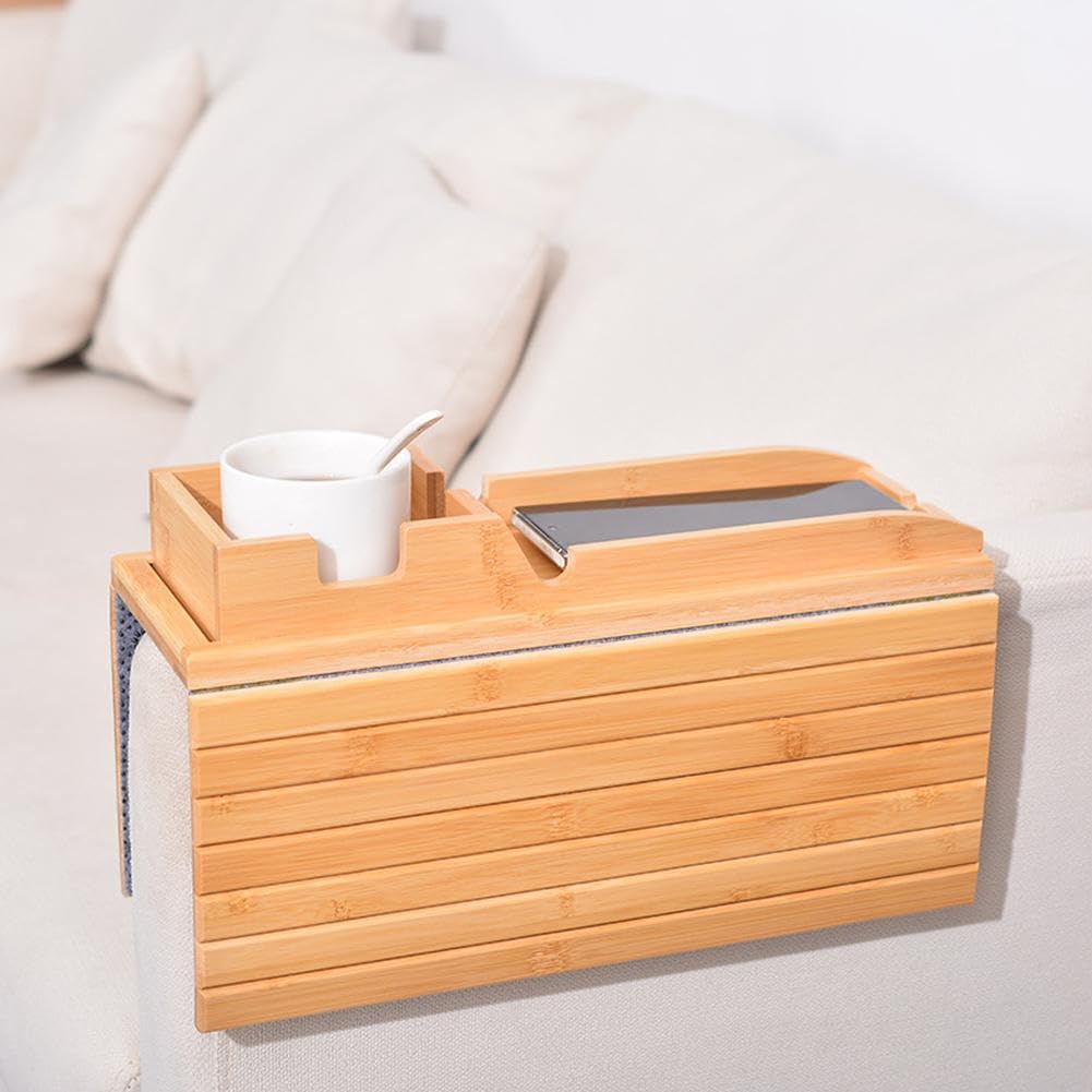 Plateau d'accoudoir de canapé Garvee, en bois, avec porte-gobelet amovible pour salon, pliable 3 en 1 en bambou naturel