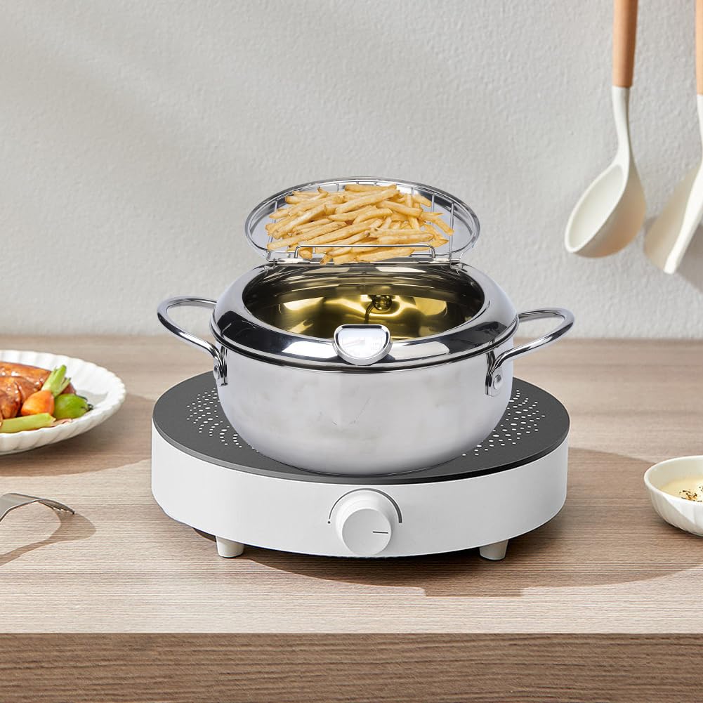 Friteuse Garvee en acier inoxydable 304, panier d'égouttage, compatible induction, finition polie miroir, contrôle de la température, cuisson saine, friture.
