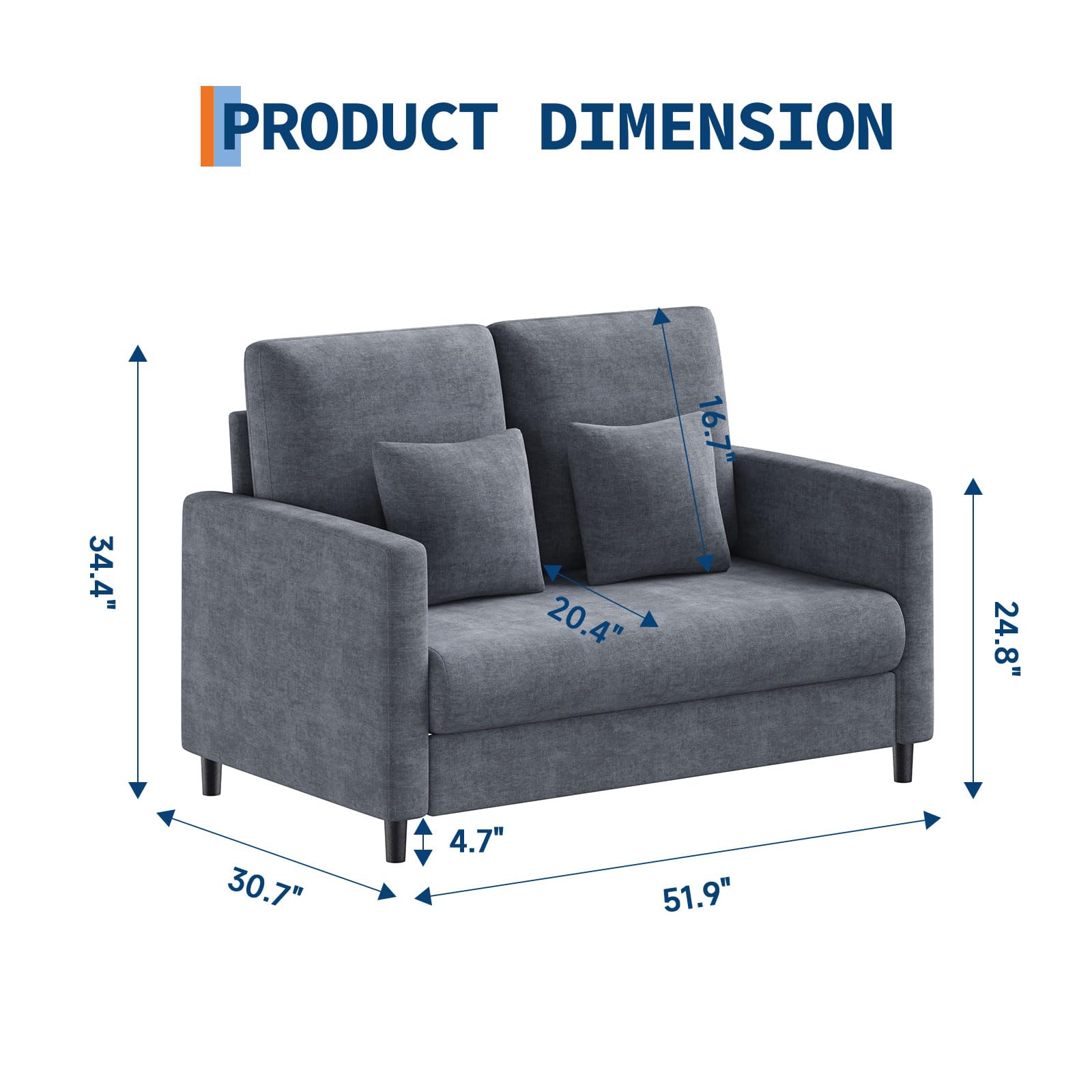 Canapé deux places Garvee 52 po avec ressorts ensachés de 7,5 po, dossier ergonomique, tissu Teddy, structure en bois robuste pour petits espaces, compact, salon, gris