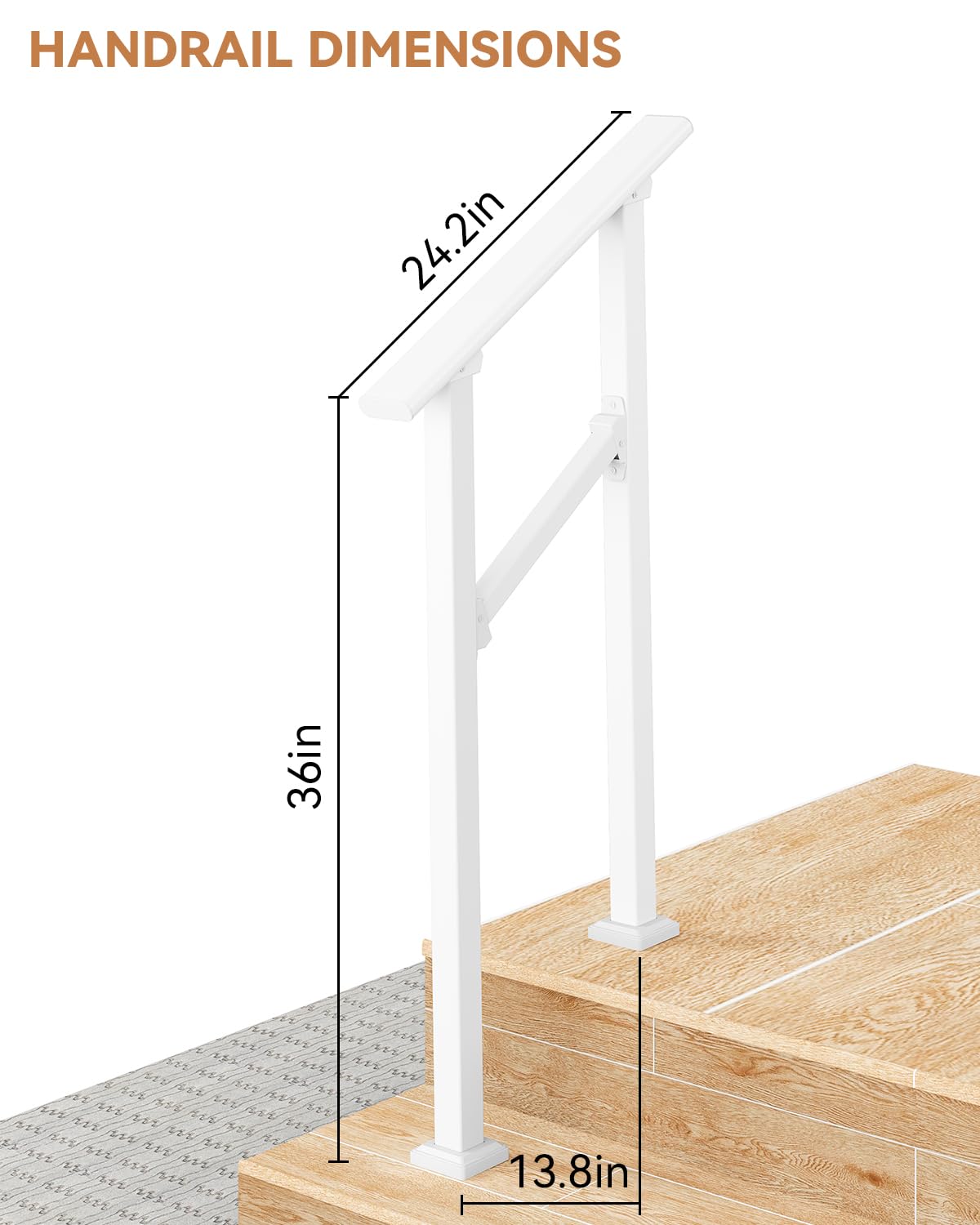 Garvee Main Courante Blanche pour Escalier 2 Marches, Rampe Réglable et Antidérapante, Structure Robuste pour Entrée, Porche et Zone de Passage