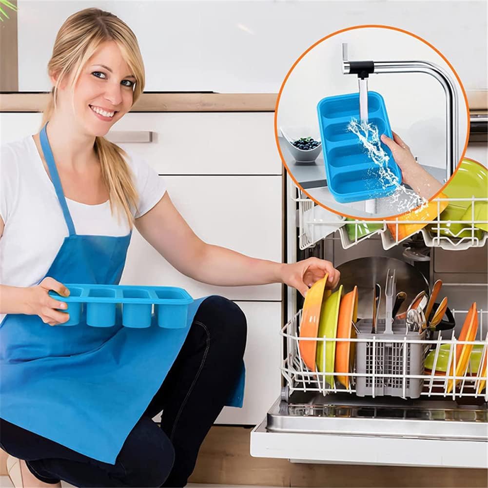 Boîtes de congélation en silicone Garvee avec couvercles, 4 cubes, sans BPA, empilables, bleues, pour le congélateur et la cuisine, gain de place