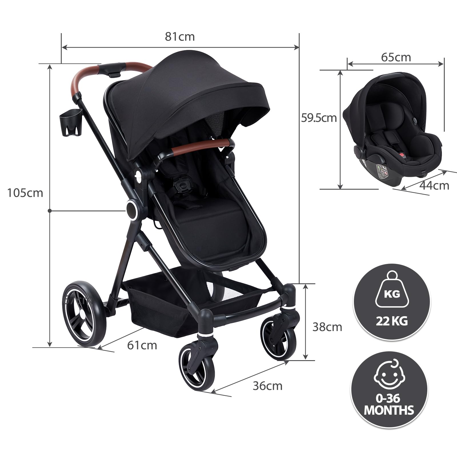 Poussette combinée 3 en 1 Garvee, ensemble complet avec nacelle, landau et siège auto pour enfants de 0 à 22 kg, coloris noir.