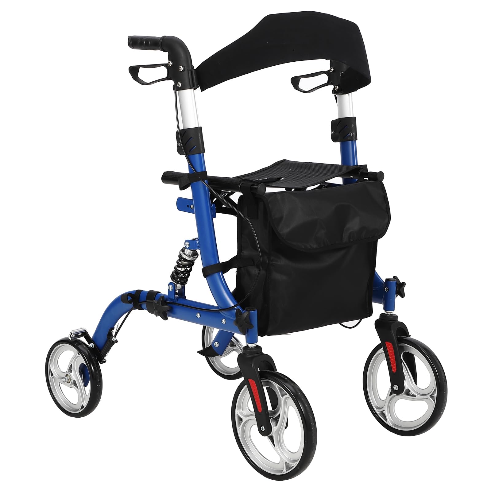 Garvee Déambulateur senior pliable en aluminium léger, roues 30 cm avec amortisseurs, siège rembourré, hauteur réglable, intérieur/extérieur, bleu et noir