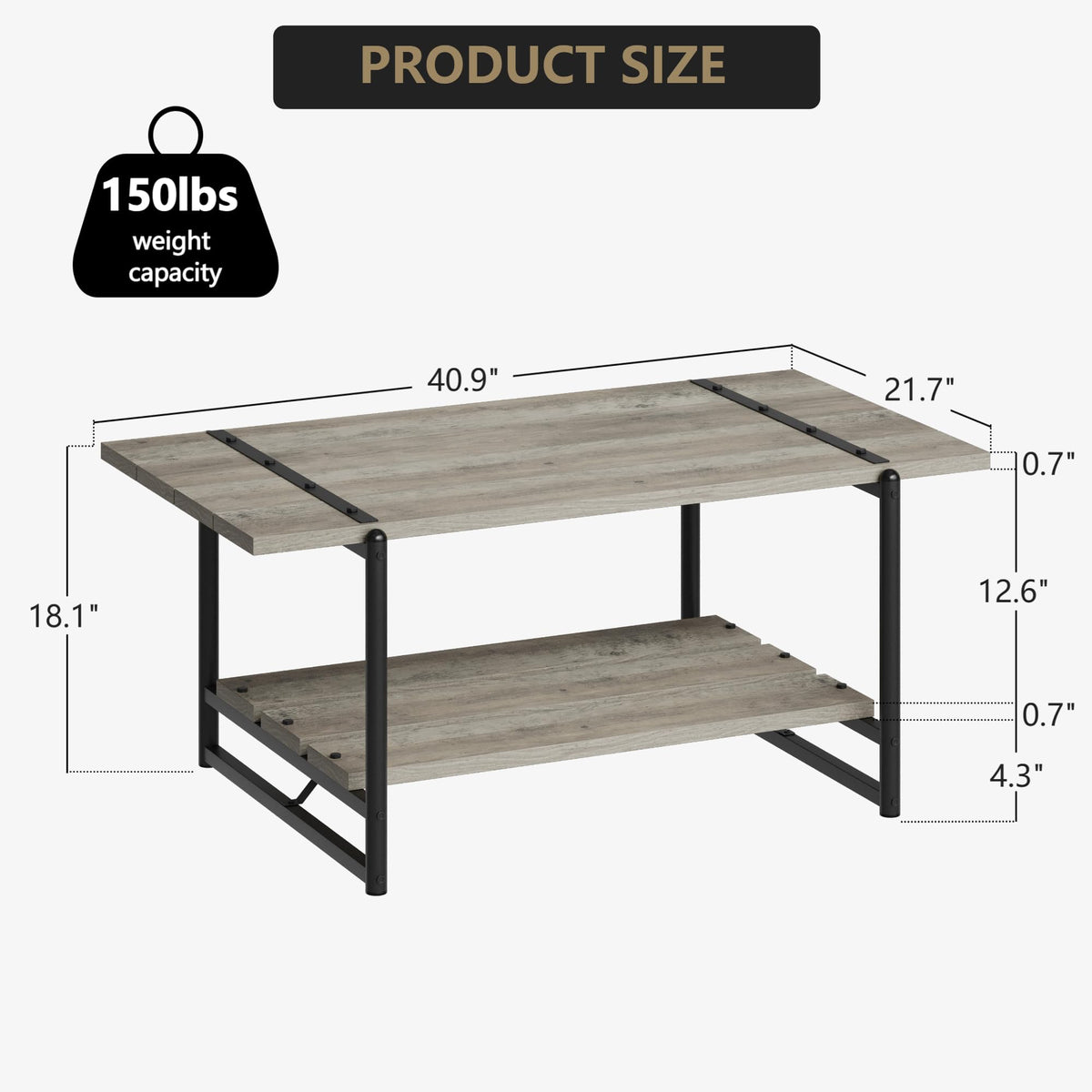 Garvee table basse de ferme à 2 niveaux 41'' en bois gris avec rangement et structure en métal pour le salon et le bureau, style rustique-moderne