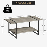 Garvee table basse de ferme à 2 niveaux 41'' en bois gris avec rangement et structure en métal pour le salon et le bureau, style rustique-moderne