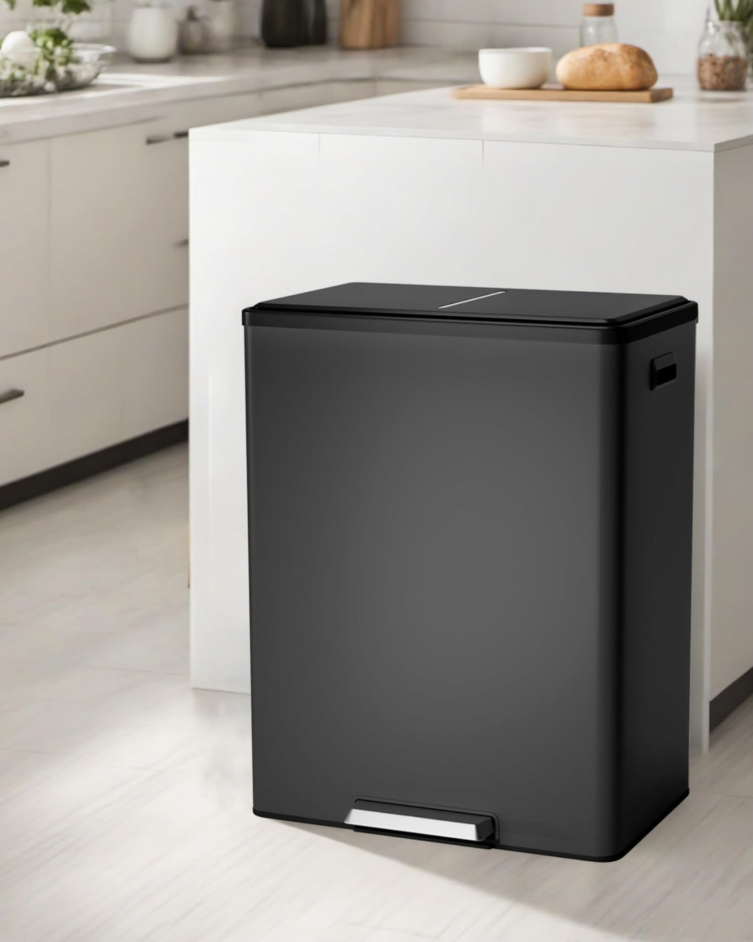 Poubelle double Garvee en acier inoxydable avec couvercle et pédale pour la cuisine et le recyclage, 2 x 8 L, silencieuse, compacte, argentée