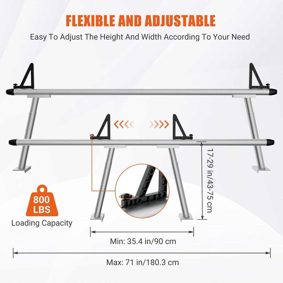 Porte-échelle en aluminium Garvee pour camionnette, capacité de 363 kg (800 lb), réglable de 43 à 74 cm (17 à 29 po), revêtement en poudre noir, pour camionnette, kayak, planche de surf
