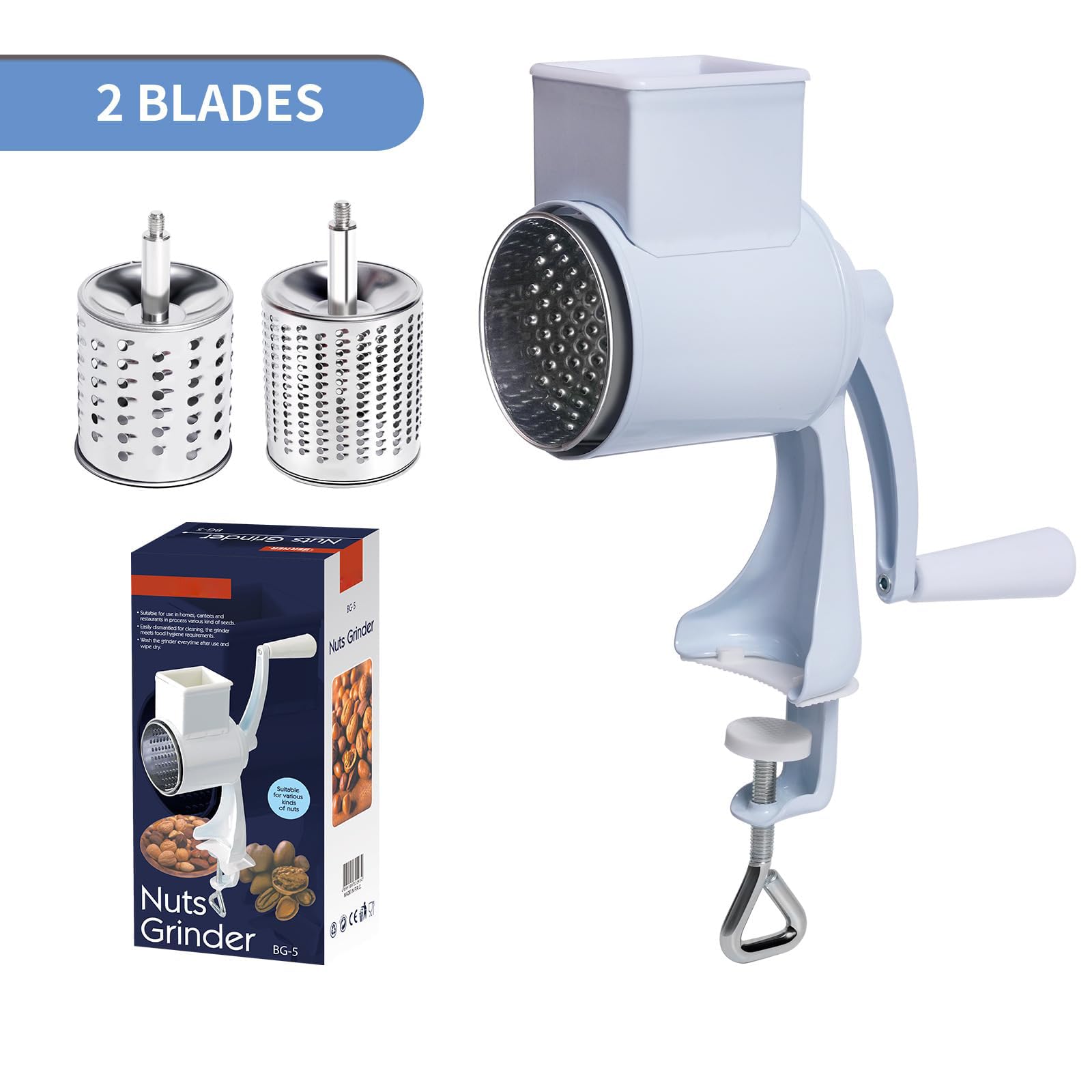 Râpe à tambour Garvee en acier inoxydable avec manivelle - Multifonctionnelle pour noix, fromage et épices, blanche, pour la cuisine