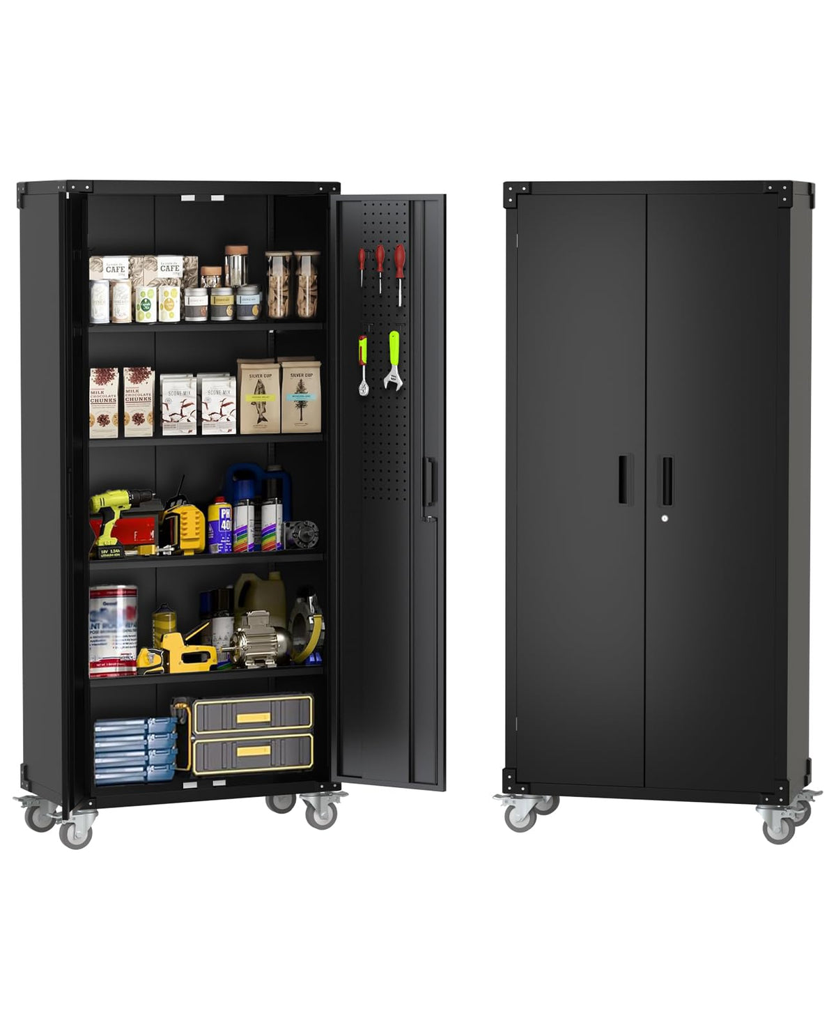 Armoire de rangement métallique Garvee avec roulettes, 4 étagères réglables, verrouillable, noir profond, pour garage et bureau