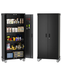 Armoire de rangement métallique Garvee avec roulettes, 4 étagères réglables, verrouillable, noir profond, pour garage et bureau
