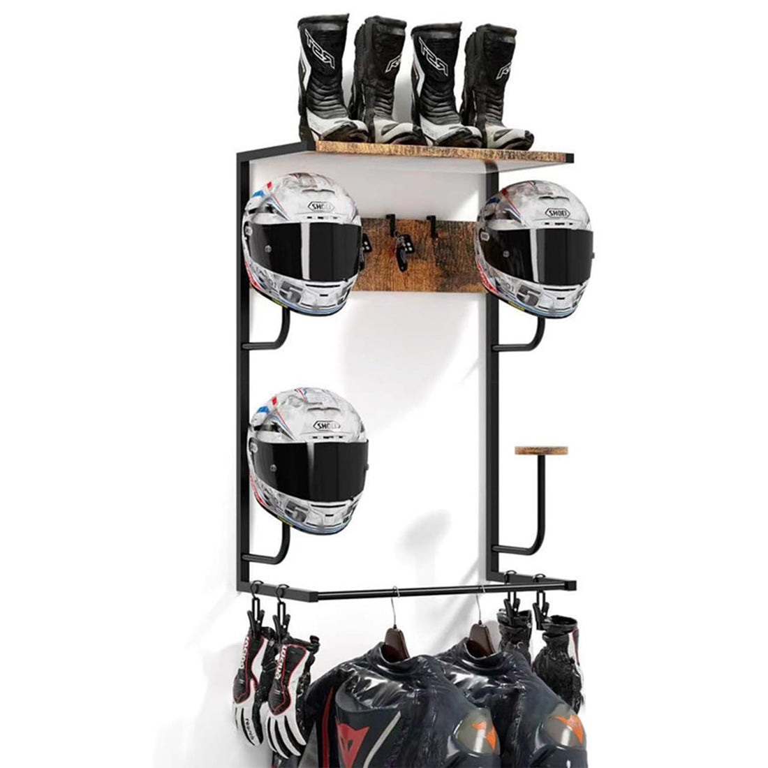 Garvee Support mural pour 4 casques de moto, crochets pour gants, en métal et bois, pour garage et entrée, robuste et peu encombrant
