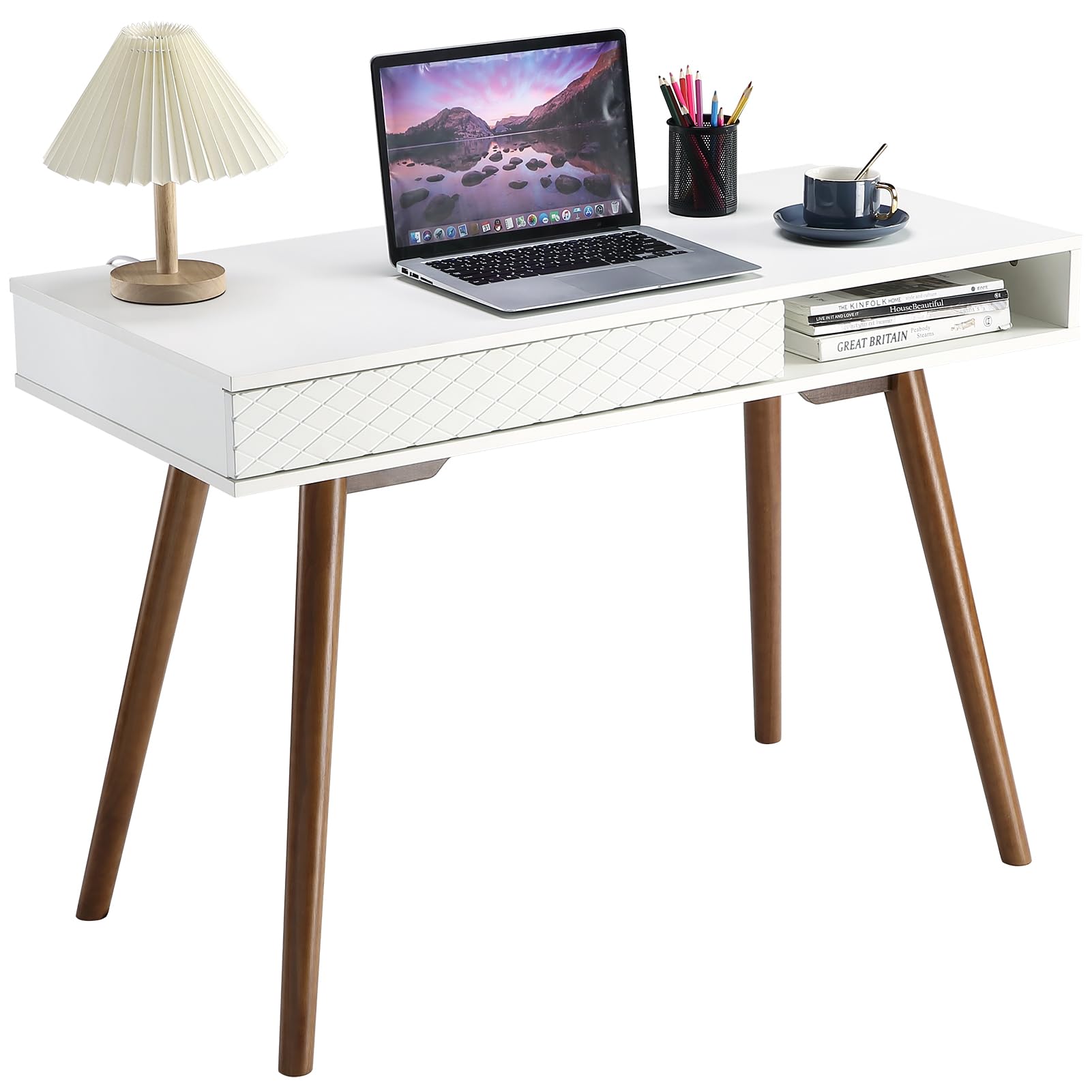 Bureau moderne blanc Garvee avec tiroirs pour bureau et chambre à coucher, 108 x 50 x 75 cm, bois