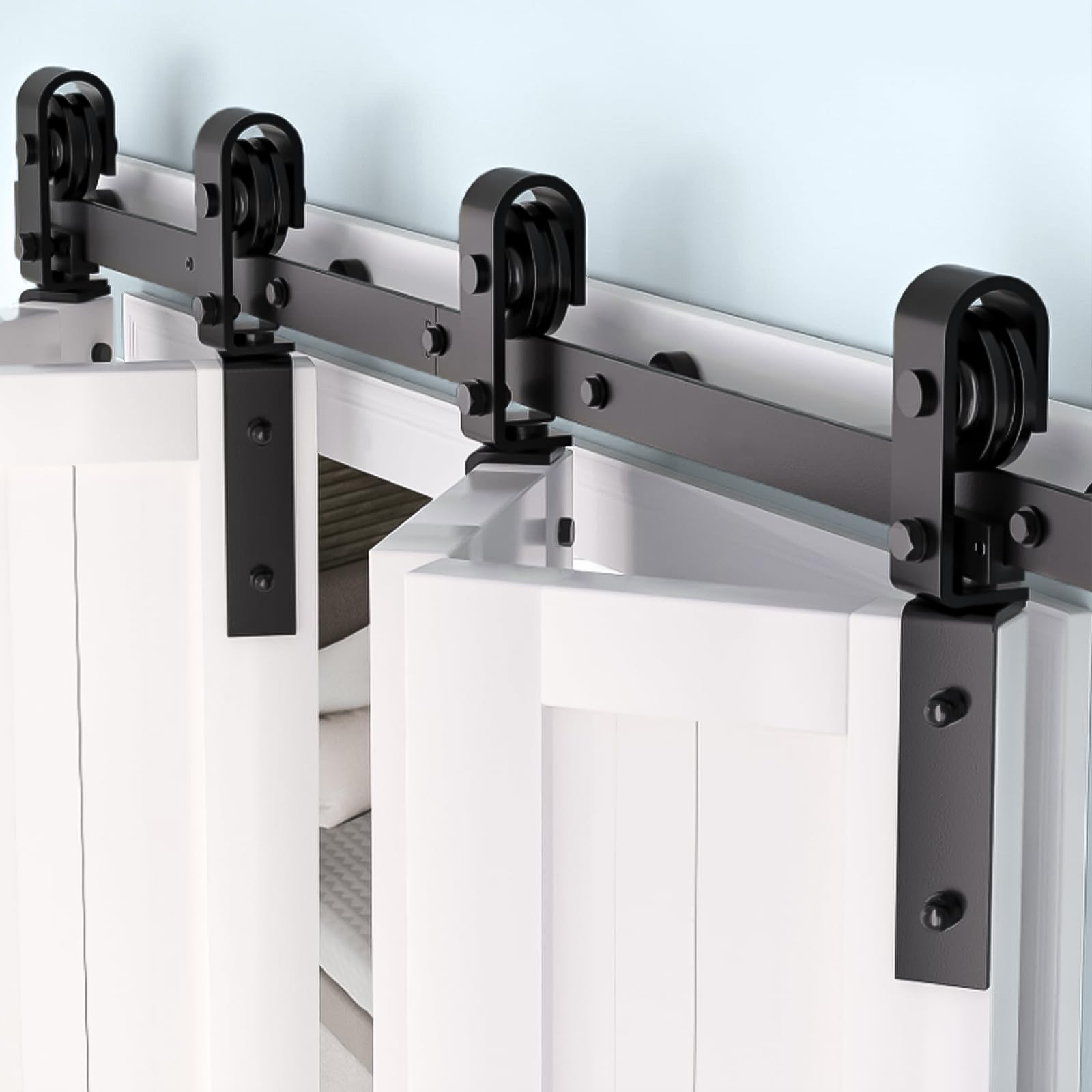 Ensemble de quincaillerie Garvee pour portes coulissantes pliantes de 52 po (132 cm) pour 4 portes, acier robuste, silencieux et fluide, gain de place, portes de 12 po (30,5 cm), noir, salon et salle à manger