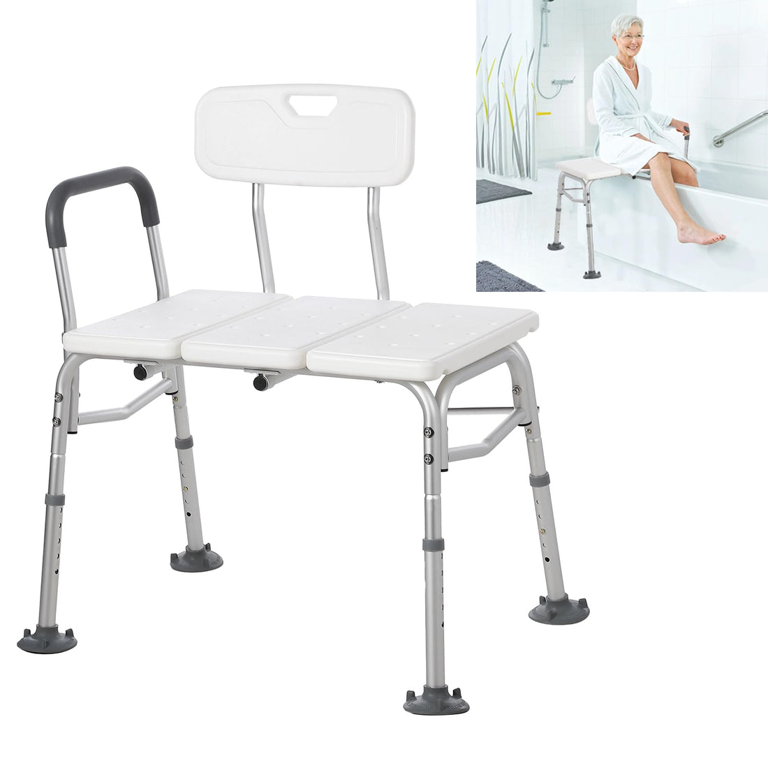 Garvee Banc de transfert pour baignoire 136 kg, réglable avec dossier et accoudoirs rembourrés, cadre en aluminium antidérapant pour salle de bain