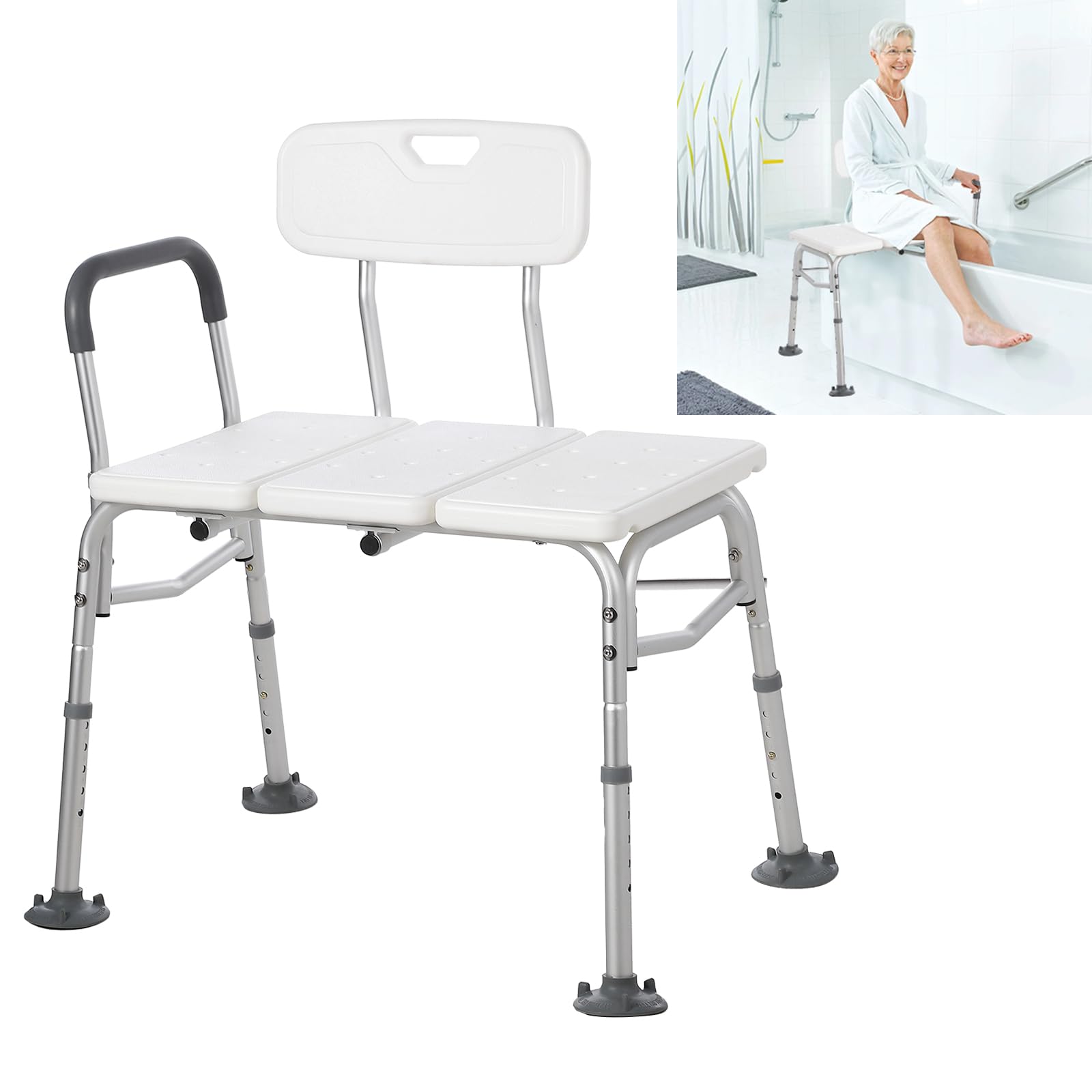 Garvee Banc de transfert pour baignoire 136 kg, réglable avec dossier et accoudoirs rembourrés, cadre en aluminium antidérapant pour salle de bain