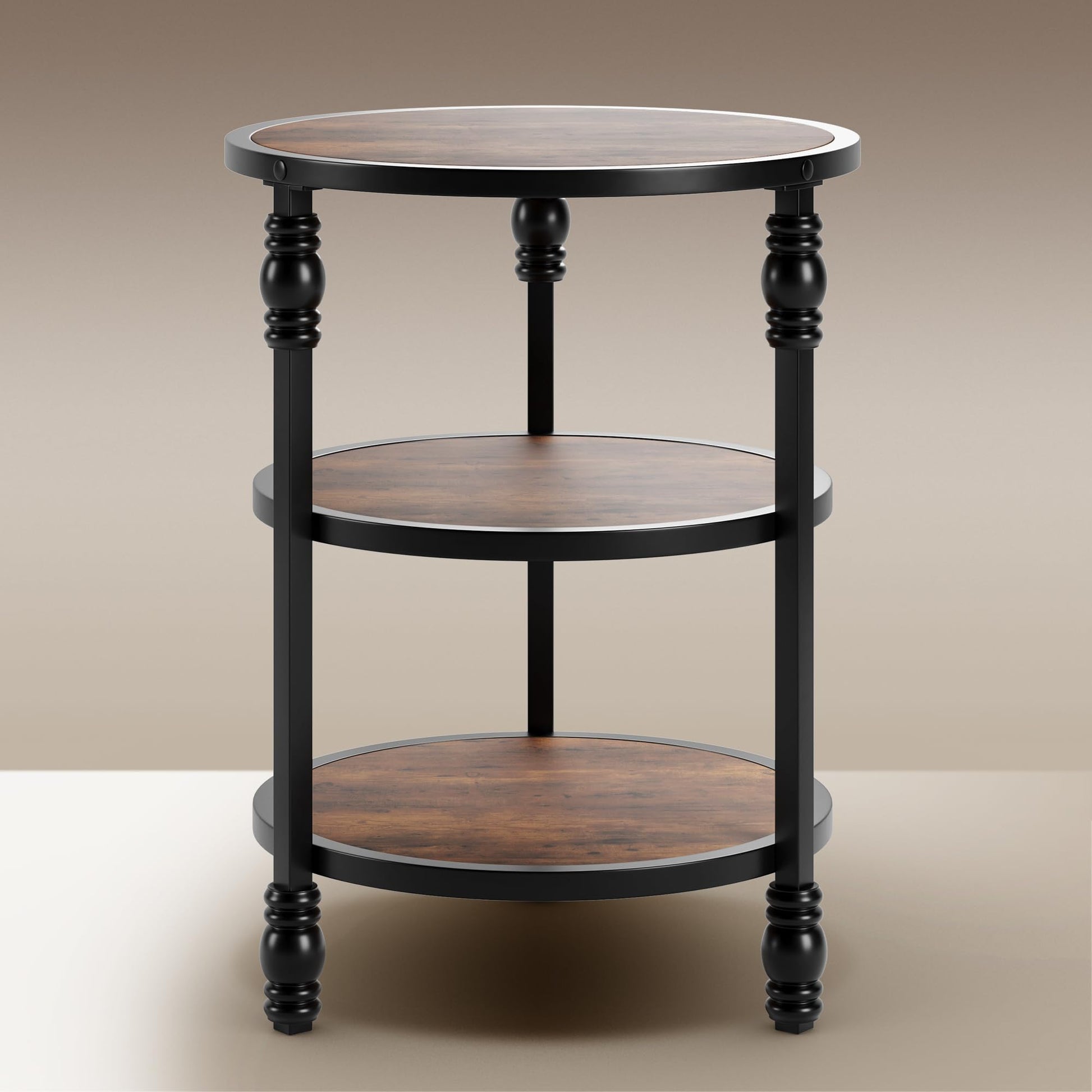 Garvee Table d’appoint ronde 3 niveaux avec étagère de rangement, pieds en métal et plateau MDF, style vintage, idéale salon et chambre.