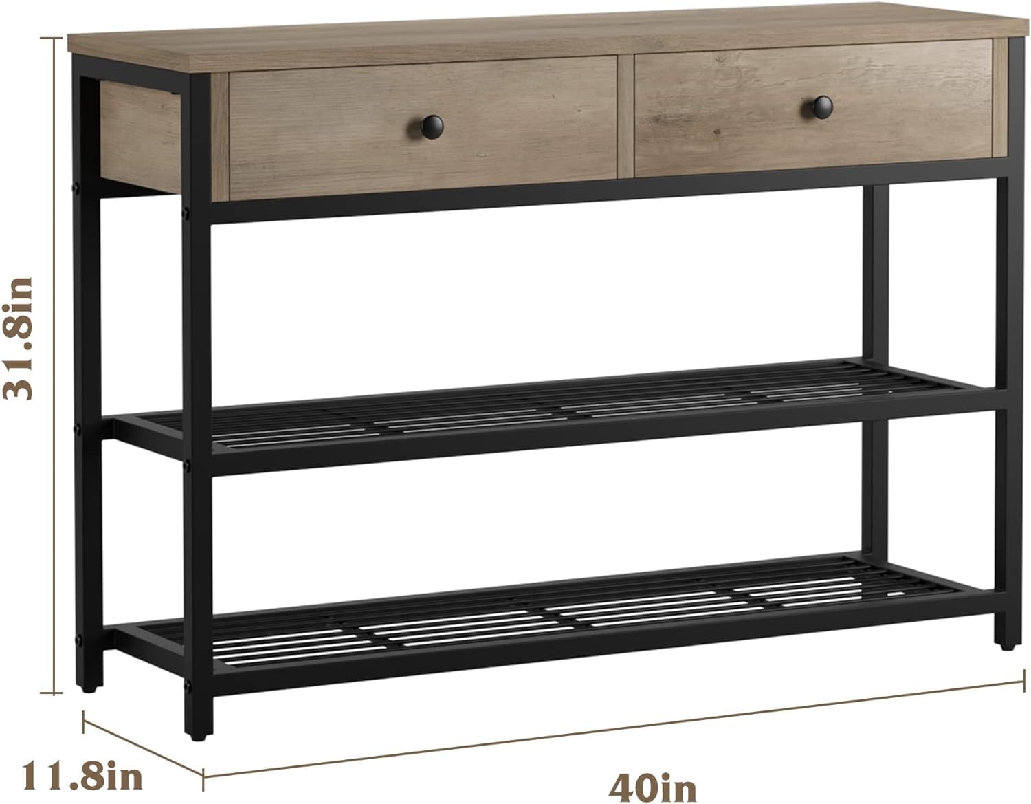 Console Garvee avec 2 tiroirs, structure en métal, étagère métallique à 2 niveaux pour entrée et salon, pieds réglables, robuste, panneaux de particules, noir