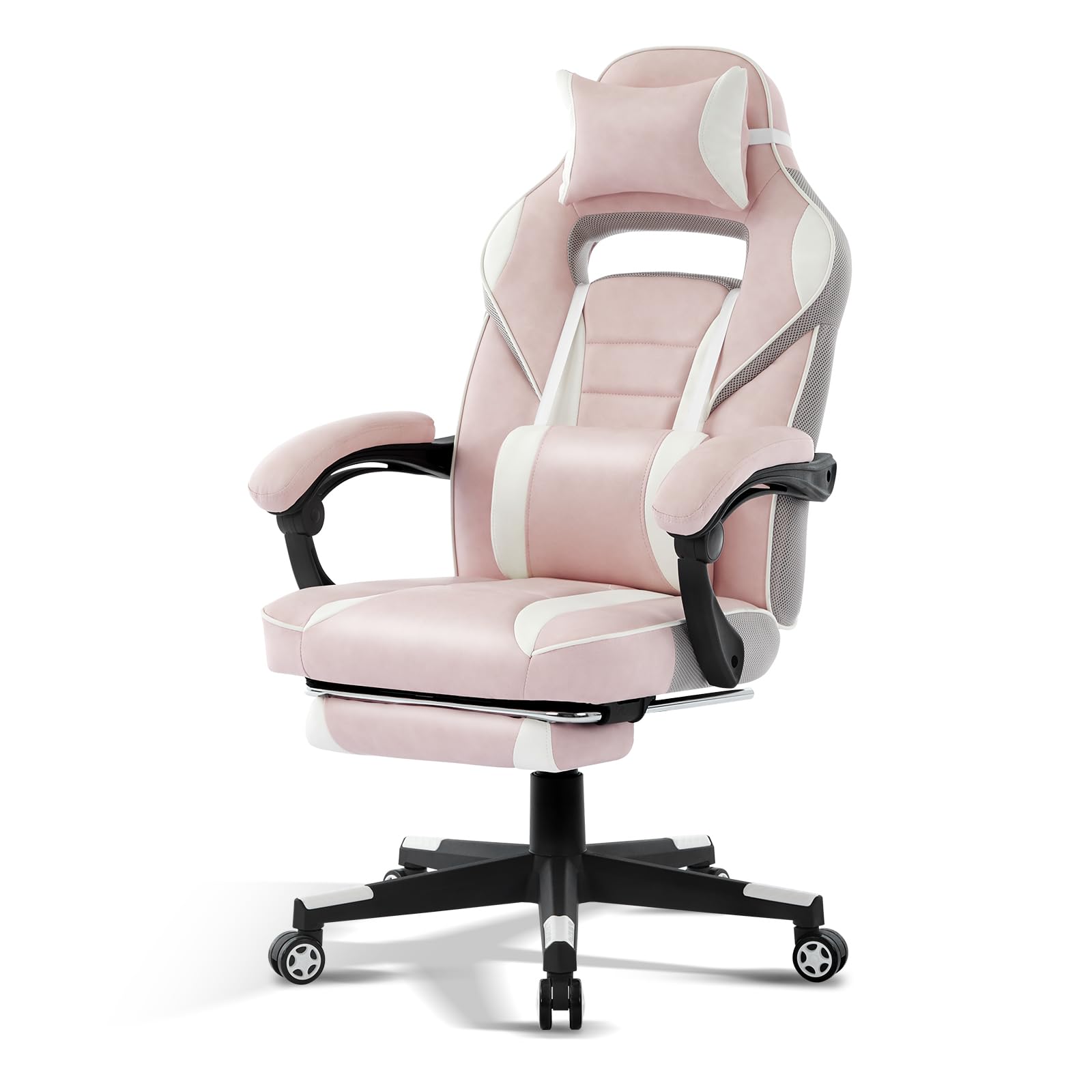 Garvee Chaise gaming ergonomique rose avec repose-pieds, appui-tête et soutien lombaire, pivotante 360°, hauteur réglable, capacité 136 kg, adulte et ado