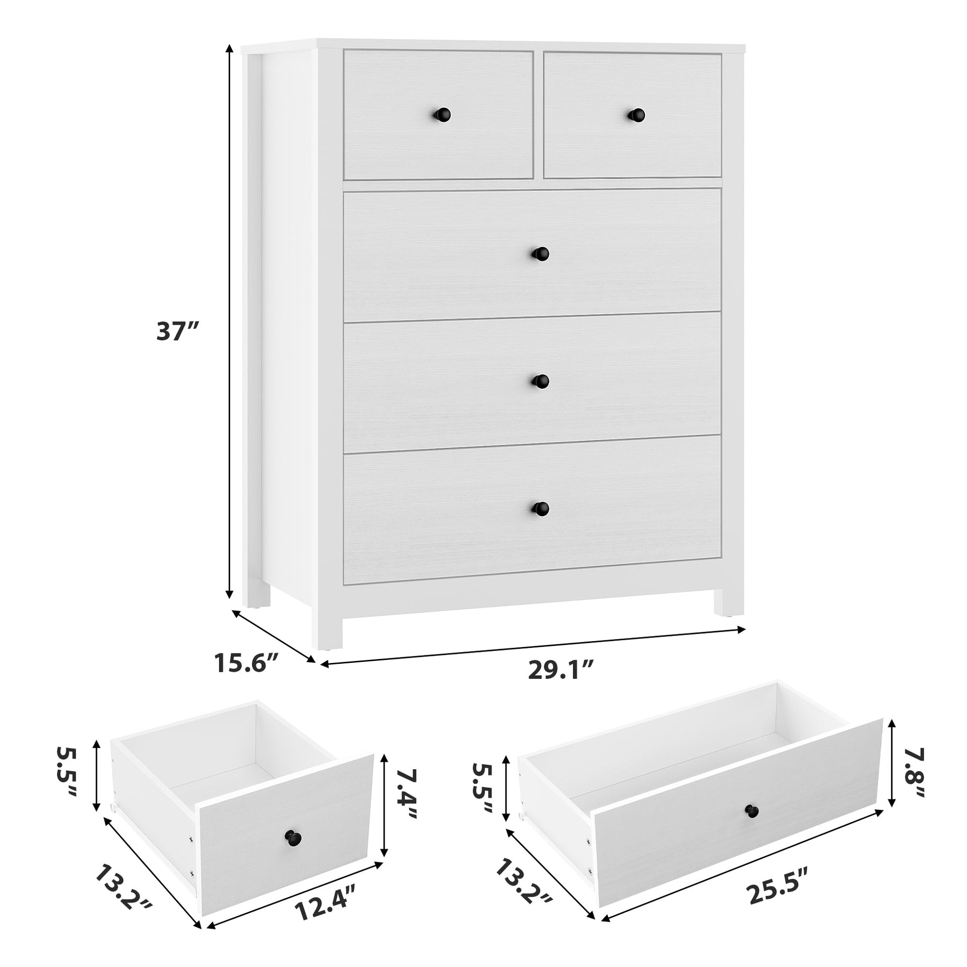 Garvee commode noire à 5 tiroirs pour chambre, chambre d'enfant et couloir, 40 cm (P) × 74 cm (L) × 94 cm (H), moderne