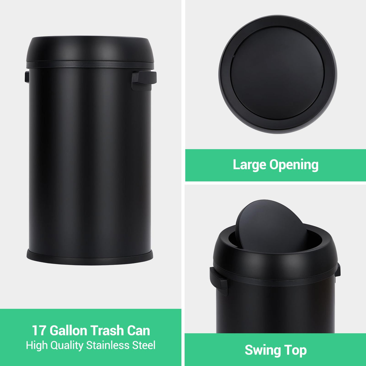 Poubelle Garvee 65 L (17 gal) en acier inoxydable noir avec couvercle basculant pour restaurants et bureaux