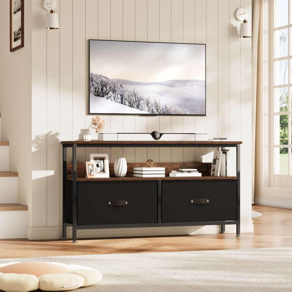 Meuble TV Garvee 50 pouces, style commode compacte avec 2 tiroirs, bois brun/noir rétro pour salon et chambre