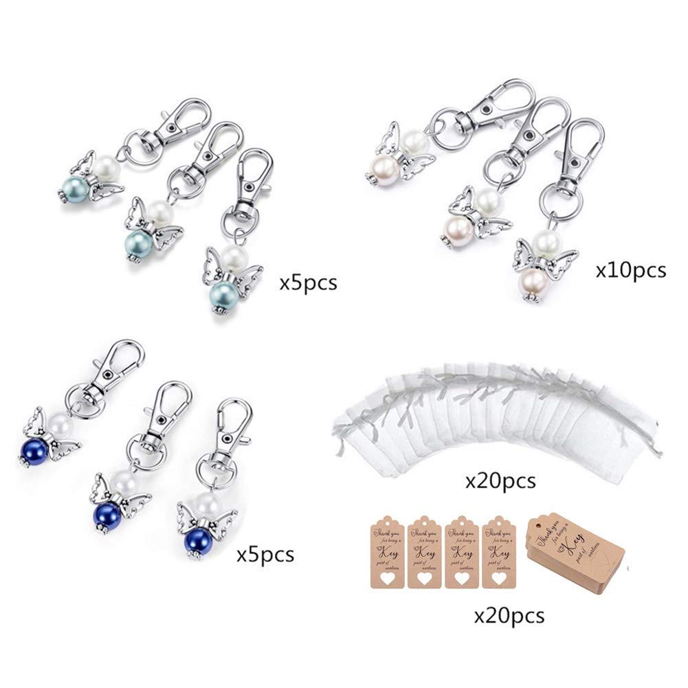 Ensemble de 20 porte-clés ange gardien Garvee avec perles, alliage de zinc, pochette en organza, idéal pour une baby shower ou un mariage, 5,3 cm, transparent
