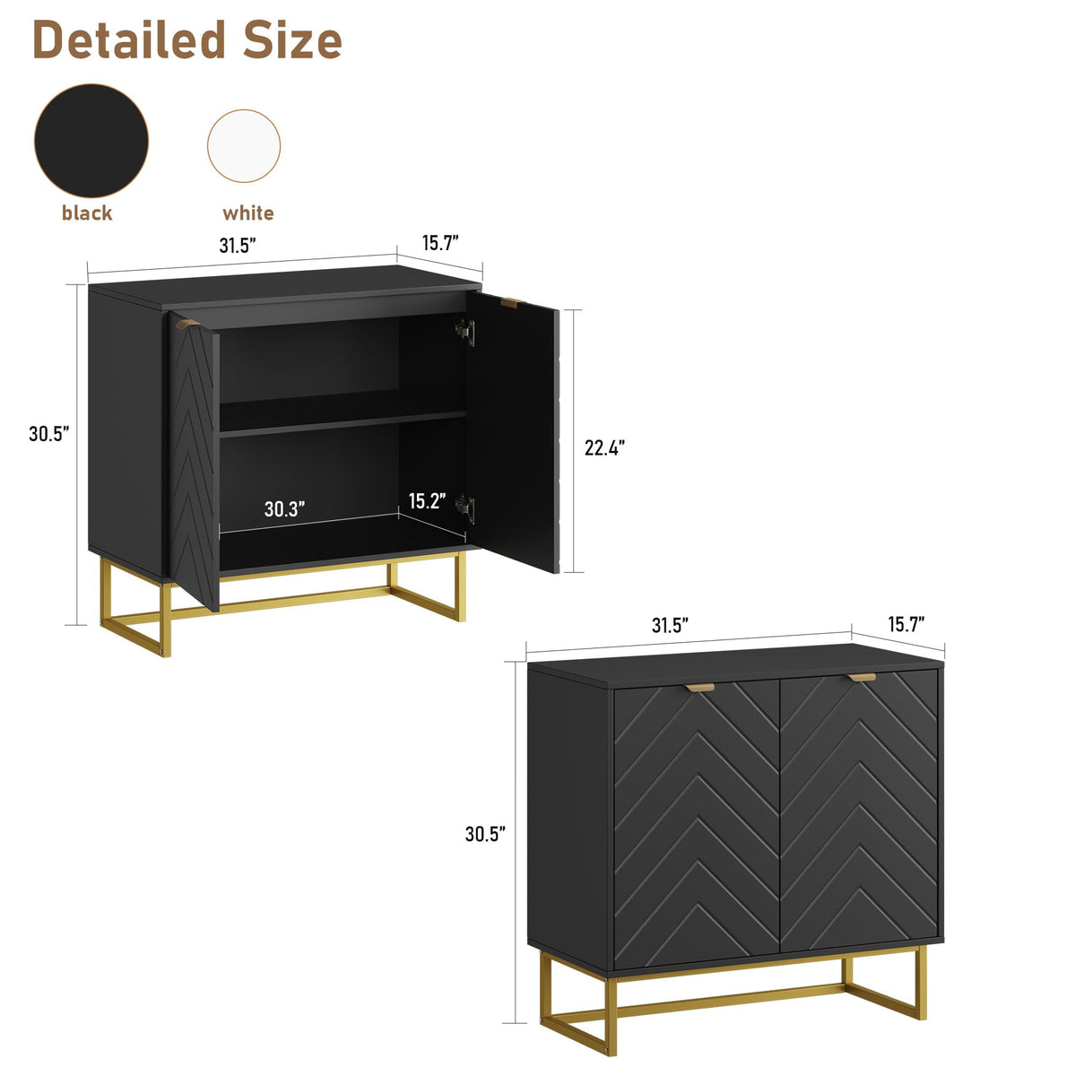 Buffet moderne Garvee 80 cm avec rangement, motif à chevrons, bois et métal, poignées dorées, idéal pour la salle à manger et l'entrée.