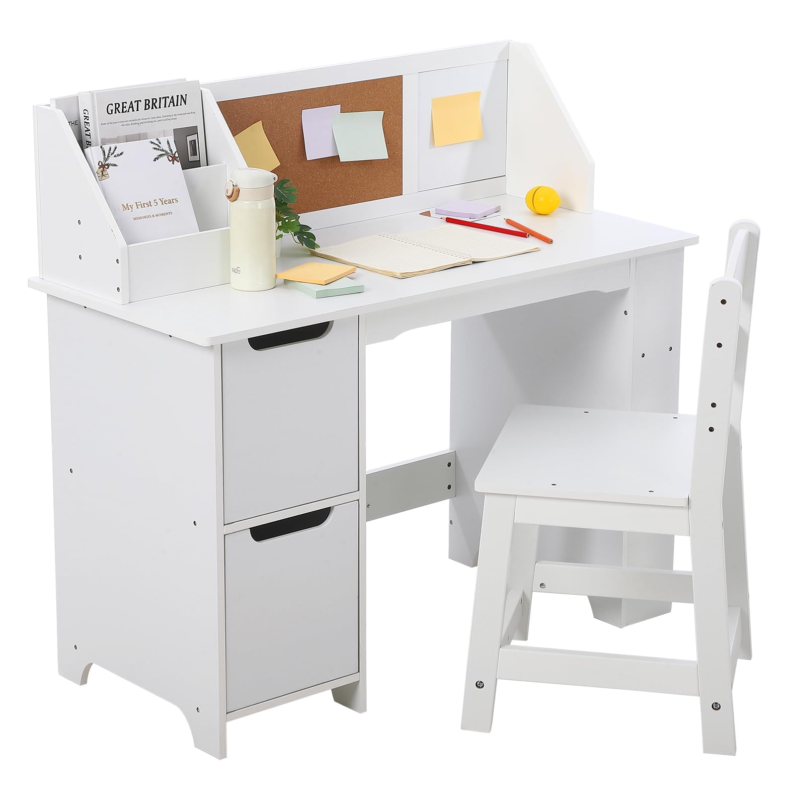 Ensemble bureau en bois Garvee pour enfants avec rangement, tableau d'affichage et chaise ergonomique pour la maison et l'école, blanc