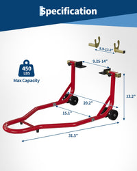 Béquille élévatrice pour moto Garvee, capacité 204 kg (450 lb), fourches réglables, acier robuste, pour l'entretien et la réparation, rouge.