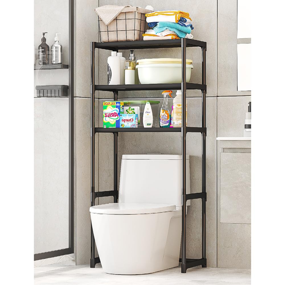 Étagère de toilette Garvee à 3 niveaux en métal, gain de place, robuste, en acier au carbone, autoportante, noire, pour salle de bain et balcon.