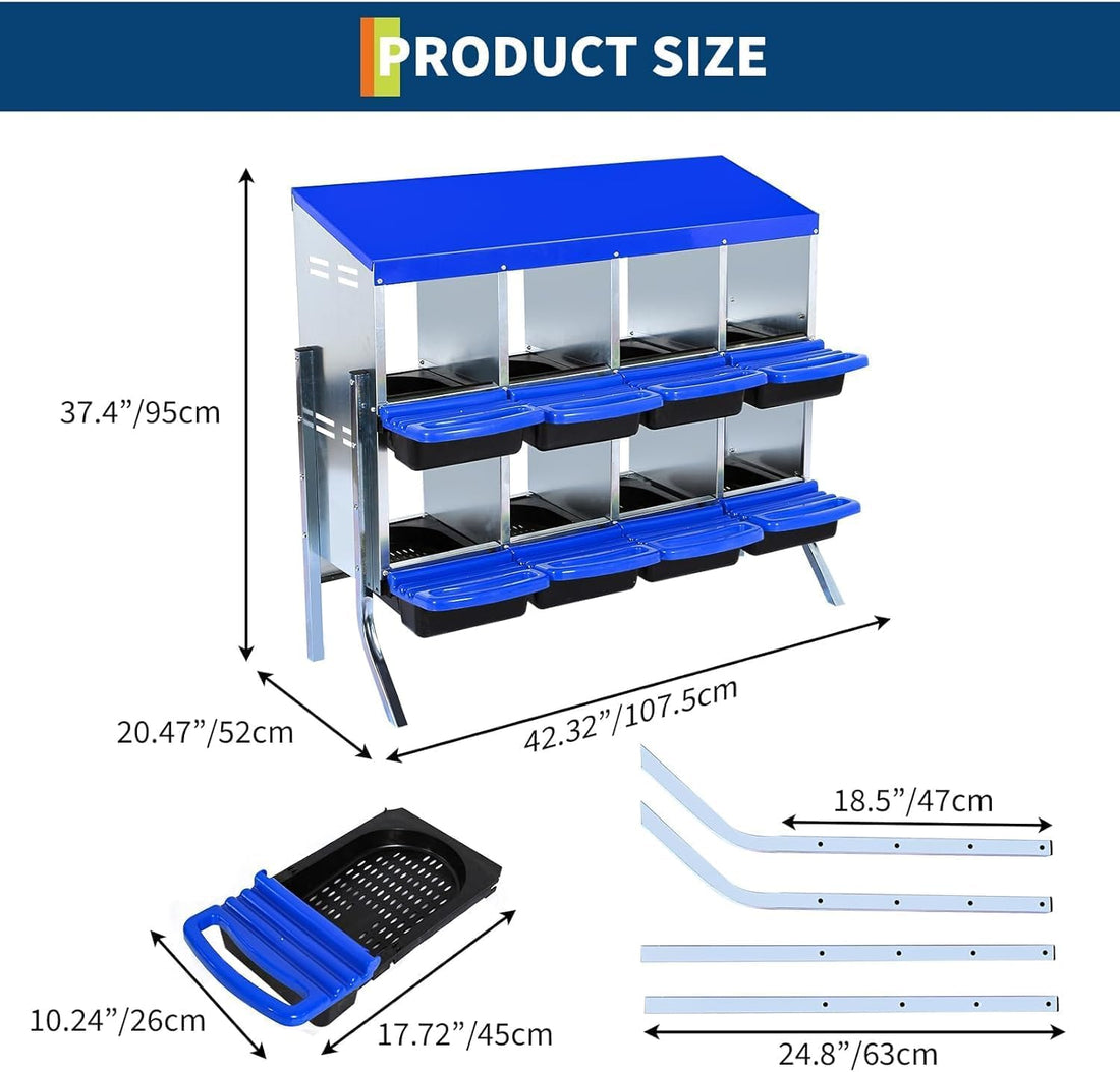 Garvee Pondoir pour Poules 8 Compartiments avec Support, Acier Galvanisé et PP, Base Antidérapante, Nettoyage Facile, pour Poulaillers, Bleu