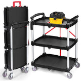 Garvee Chariot de service pliable robuste 80 kg, spécial cuisine, roulettes 360°, poignée rouge, plateaux PP, cadre aluminium, roues verrouillables, bureau et garage.