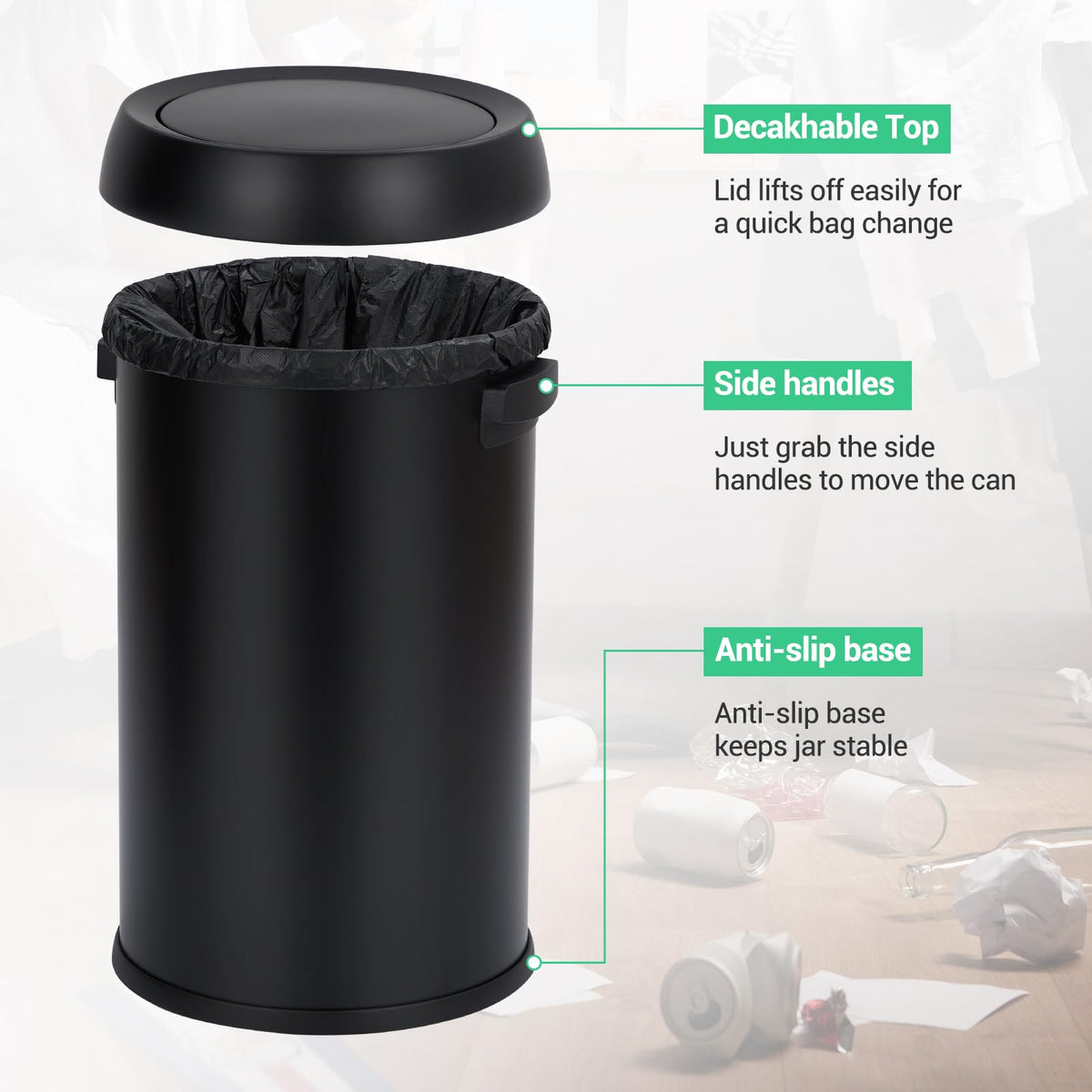 Poubelle Garvee 65 L (17 gal) en acier inoxydable noir avec couvercle basculant pour restaurants et bureaux